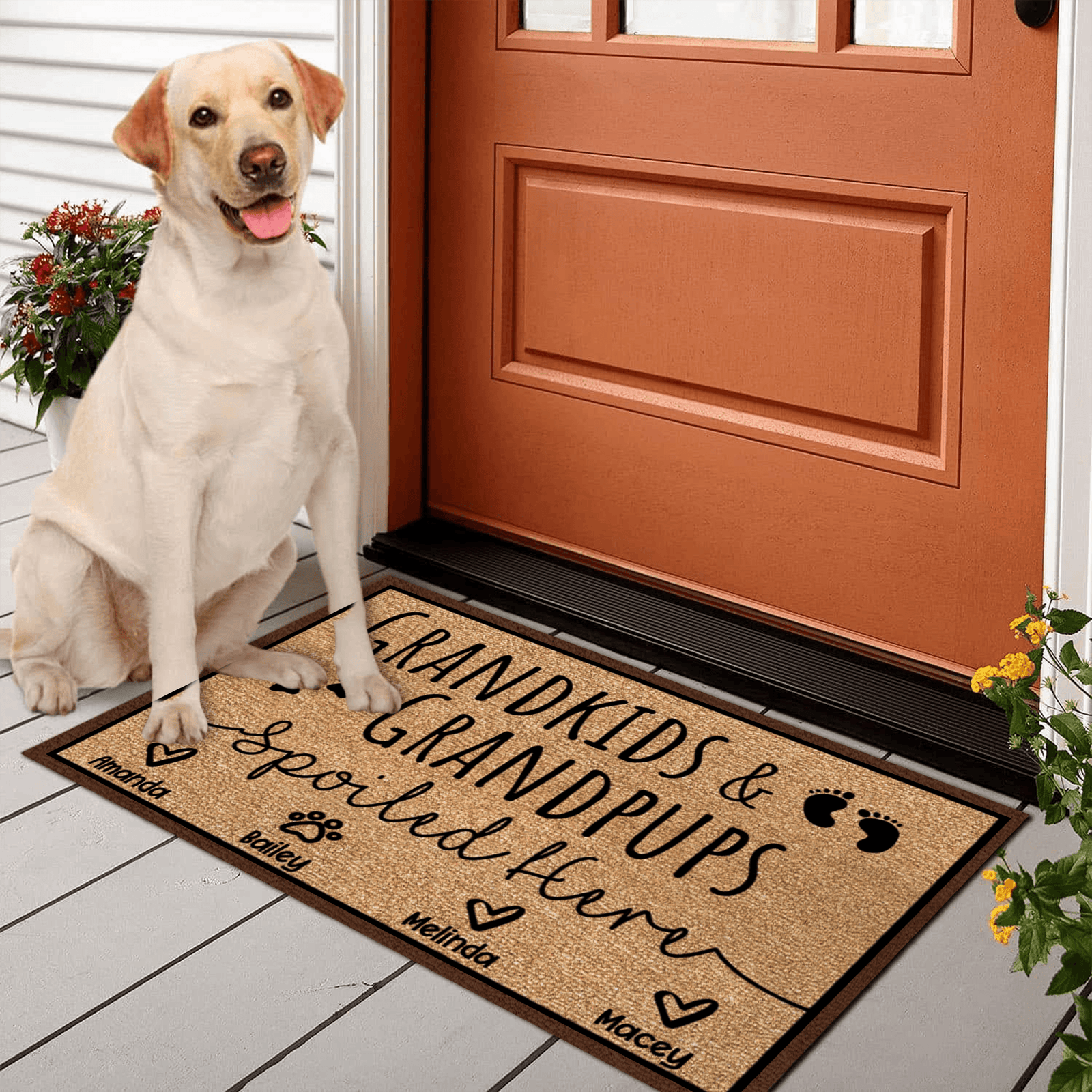 Grandkids and Grandpups Spoiled Here - Personalized Doormat - Birthday, Housewarming, Funny Gift for Homeowners, Grandmas, Grandparents, Dog Mom, Dog Dad, Dog Lovers, Pet Gifts - Suzitee Store