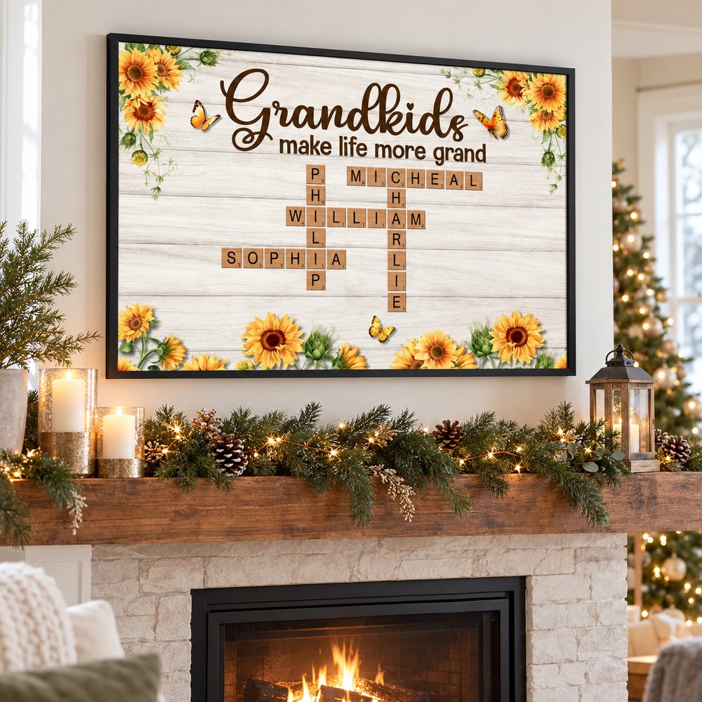 Grandkids Make Life More Grand sunflower crossword framed print hanging above a festive holiday mantel