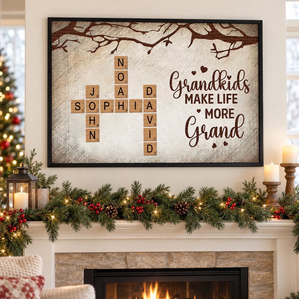 Grandkids Make Life More Grand personalized crossword poster hanging above a Christmas mantel