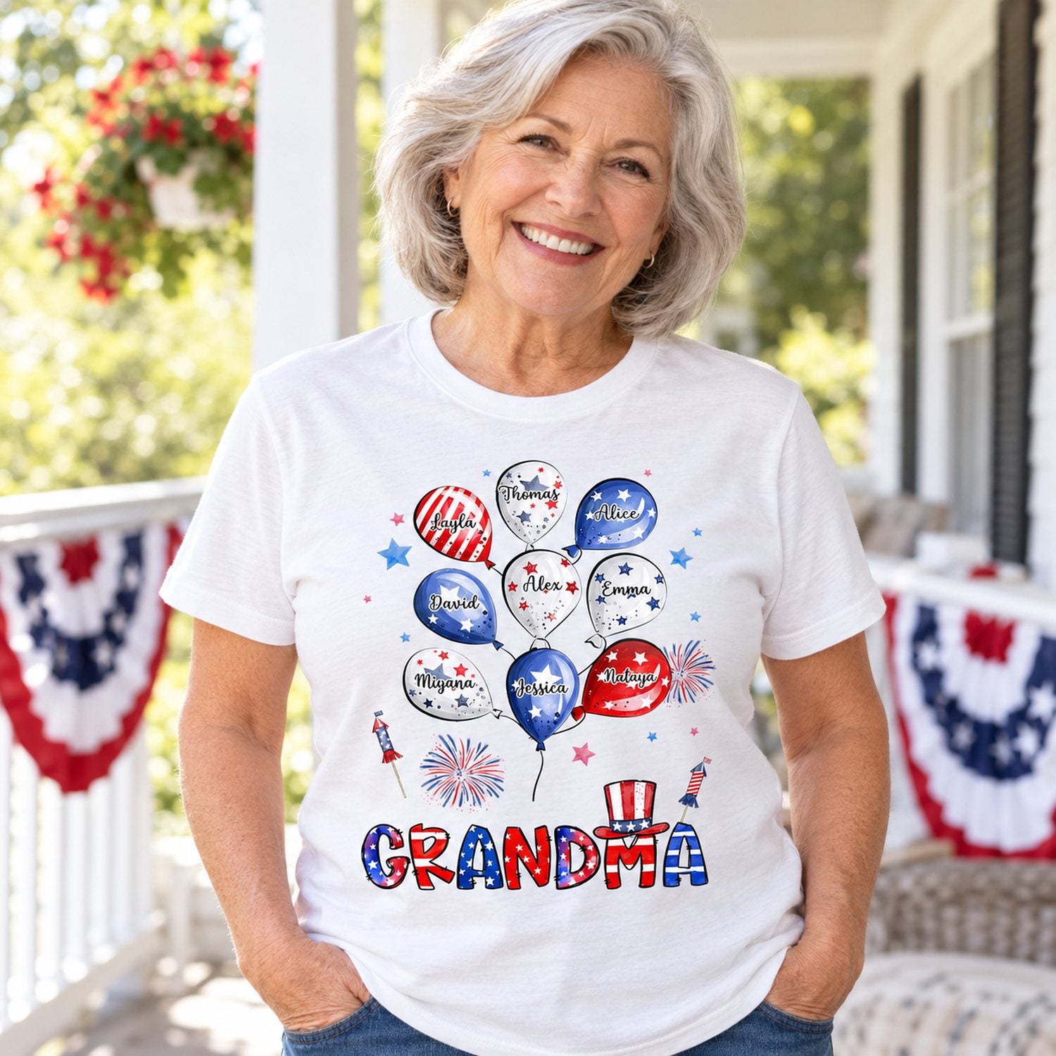 Grandma wearing personalized 4th of July balloon t-shirt on a sunny porch