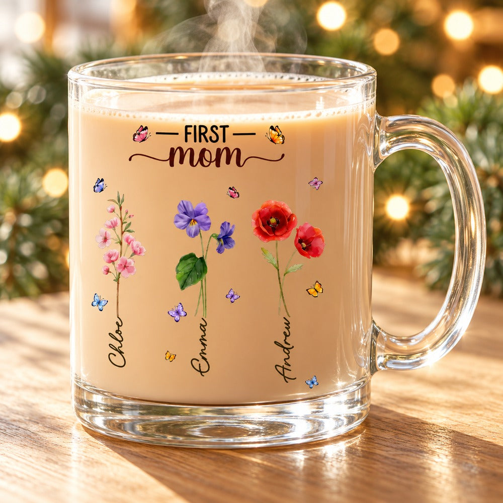 Personalized First Mom Now Grandma birth flower glass mug in festive home setting