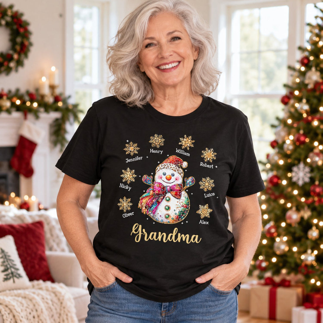 Grandma wearing personalized Christmas snowman t-shirt in a bright holiday living room