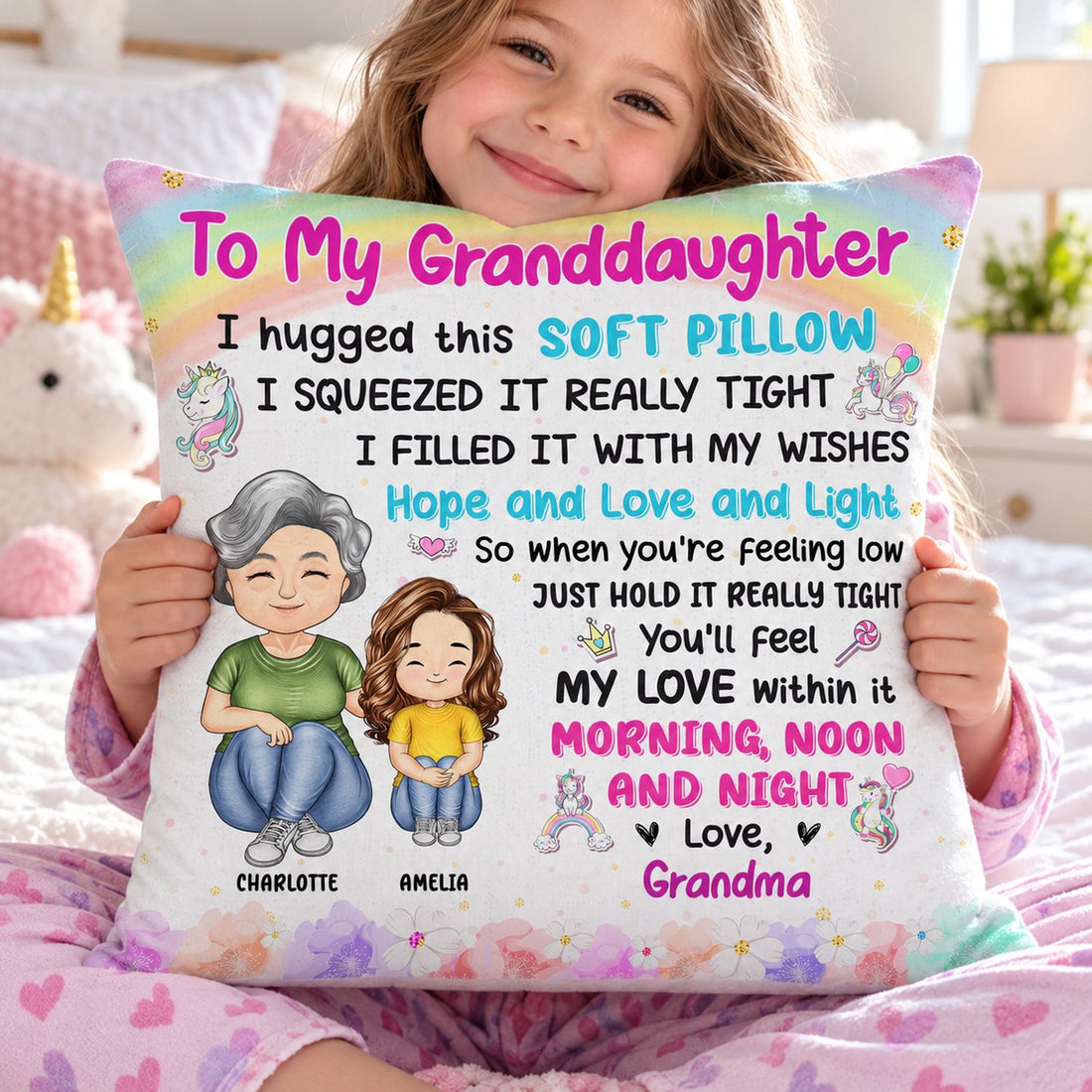 Young girl hugging personalized To My Granddaughter soft pillow on her bed
