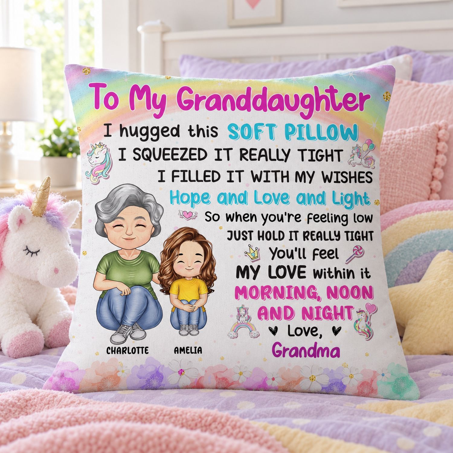 Custom granddaughter throw pillow styled on a pastel kids bed