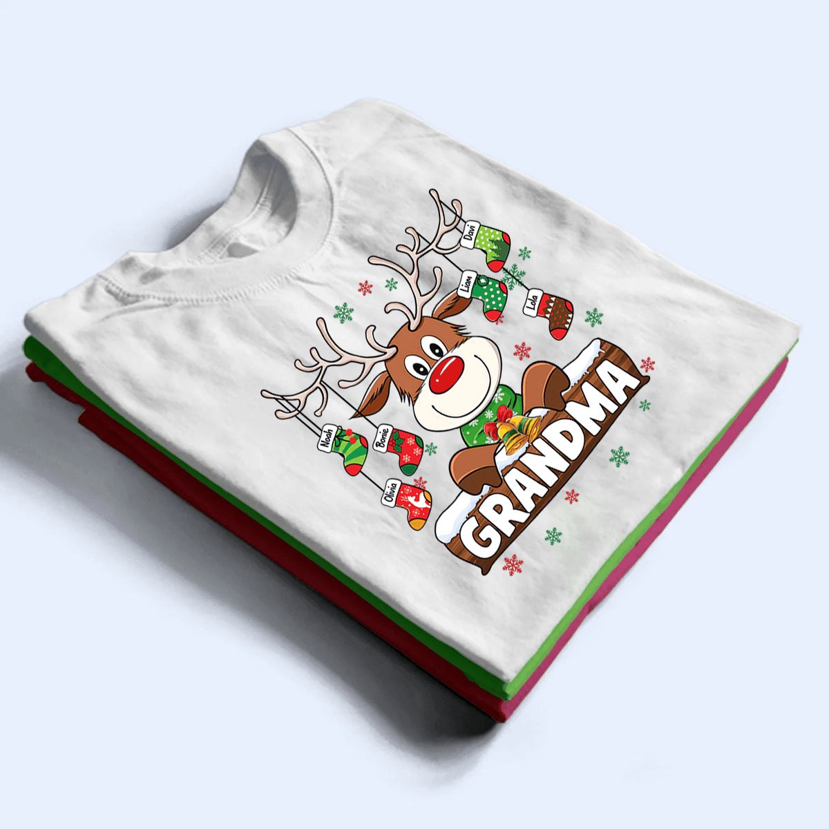 Grandma Reindeer With Christmas Socks - Personalized Custom T Shirt - Birthday, Loving, Funny Gift for Grandma/Nana/Mimi, Mom, Wife, Grandparent - Suzitee Store