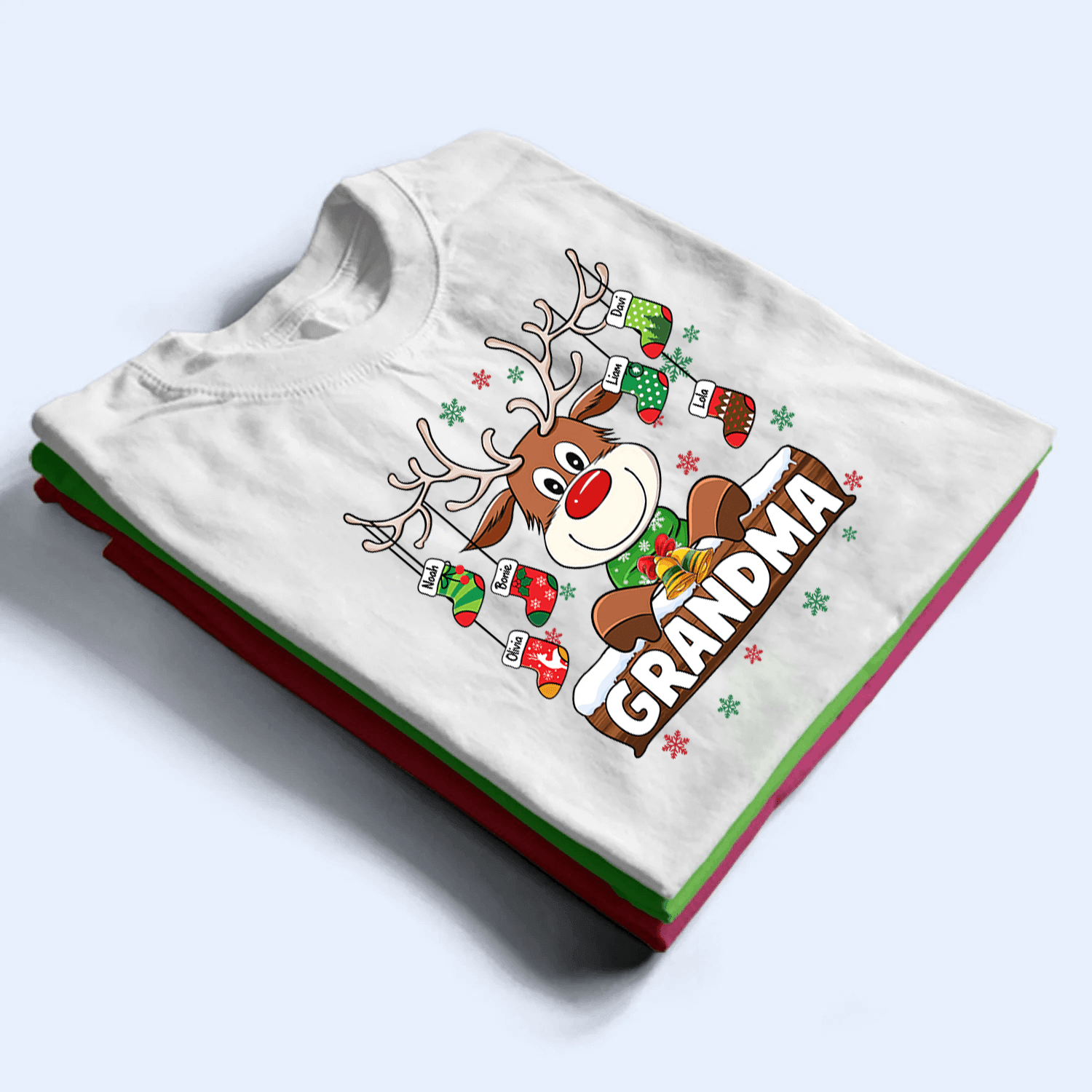 Grandma Reindeer With Christmas Socks - Personalized Custom T Shirt - Birthday, Loving, Funny Gift for Grandma/Nana/Mimi, Mom, Wife, Grandparent - Suzitee Store