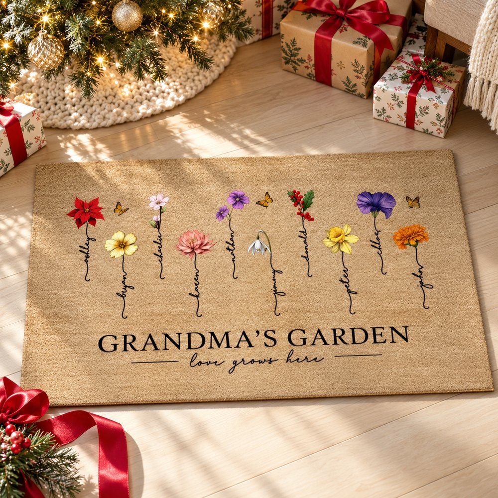 Grandmas Garden personalized birth flower doormat on living room floor by Christmas tree