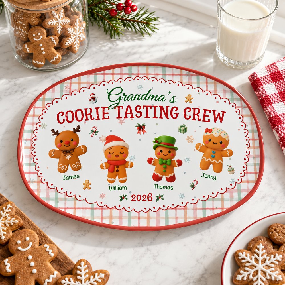 Personalized Grandma Cookie Tasting Crew oval platter on a kitchen counter with gingerbread cookies