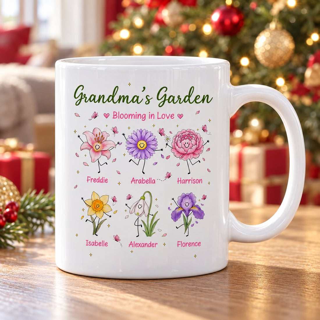 Grandmas Garden personalized birth flower ceramic mug by a Christmas tree