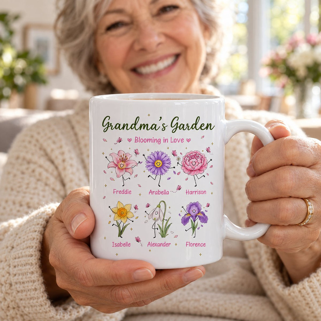 Grandma holding her personalized Grandmas Garden birth month flower mug