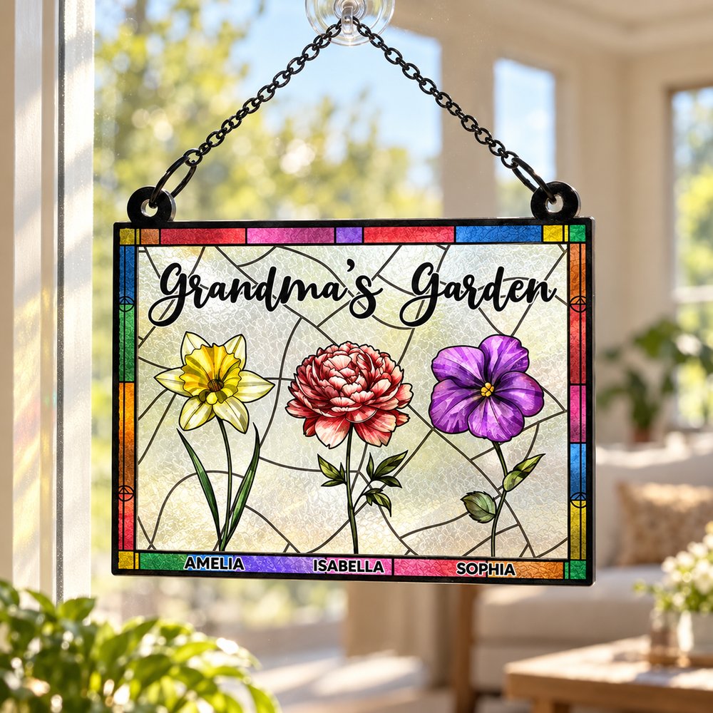 Grandmas Garden birth flower suncatcher ornament hanging on a sunlit window