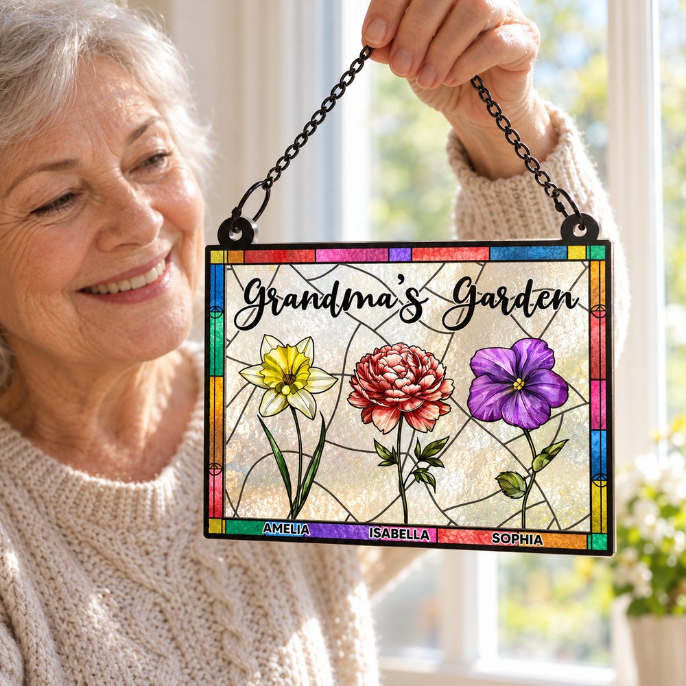 Grandma holding her personalized birth flower garden suncatcher ornament