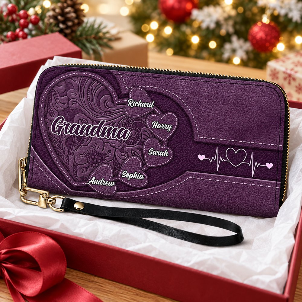Personalized Grandma leather long wallet in a holiday gift box with ribbon