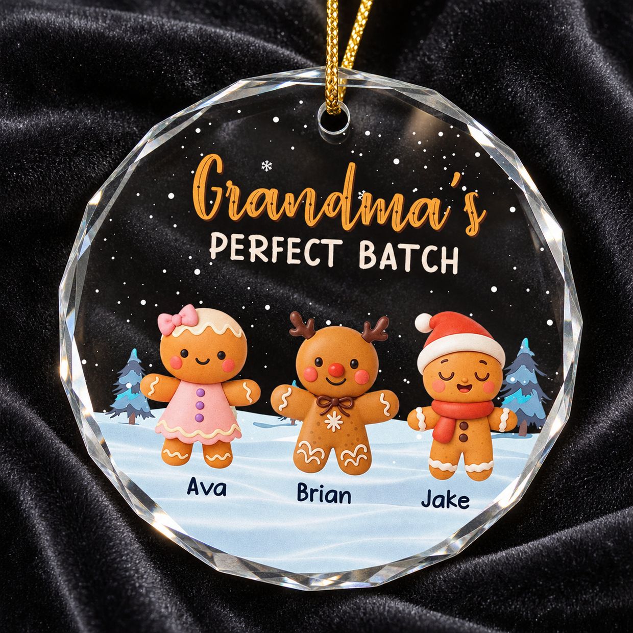 Close up detail of faceted glass edge and gingerbread print on Grandmas Perfect Batch ornament