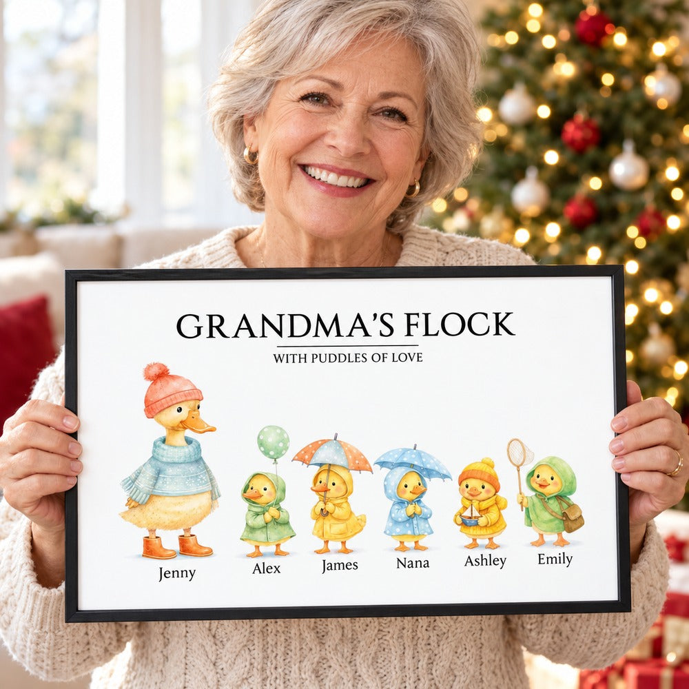Smiling grandmother holding her personalized Grandmas Flock framed print