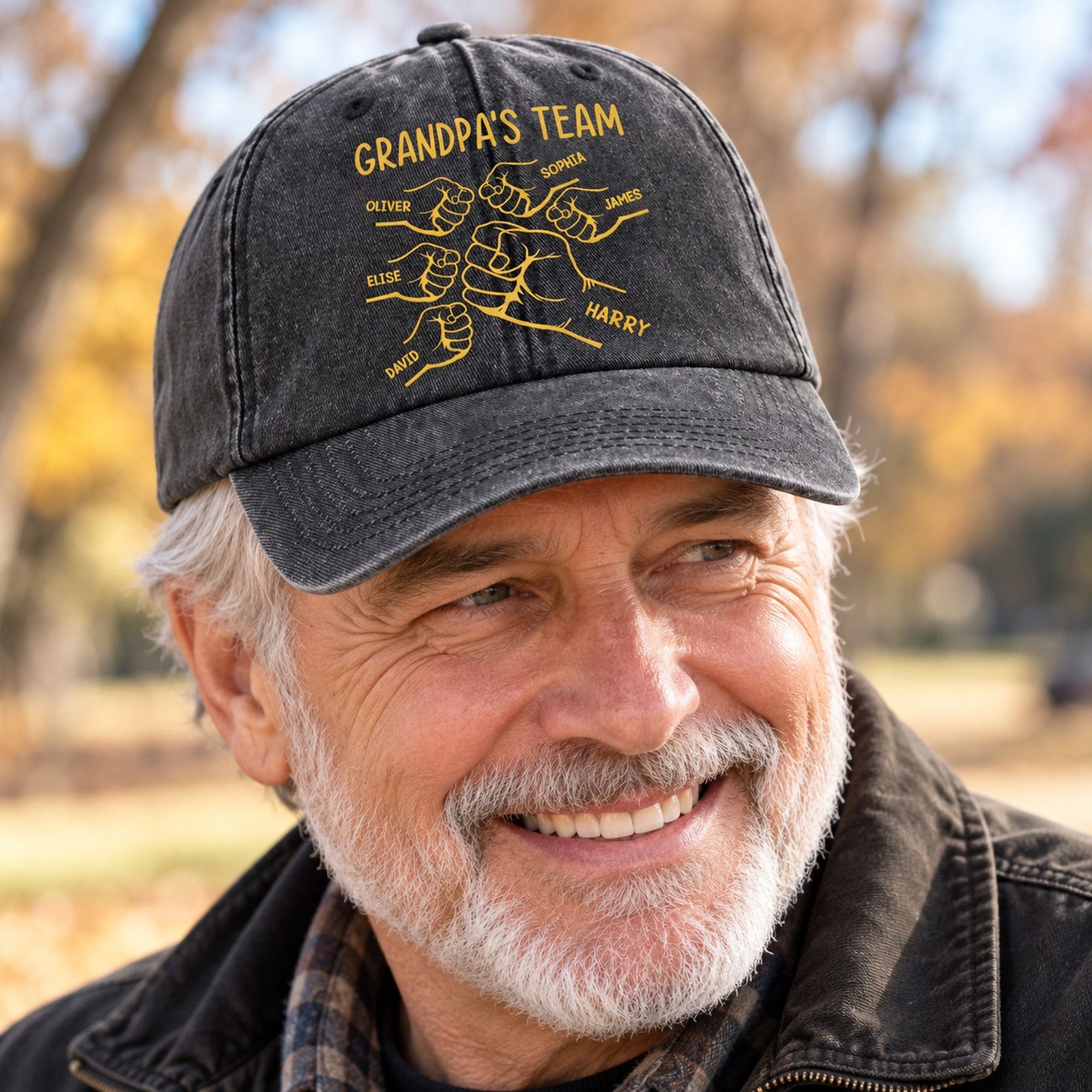 Grandpa wearing personalized Grandpa's Team vintage washed black denim cap outdoors
