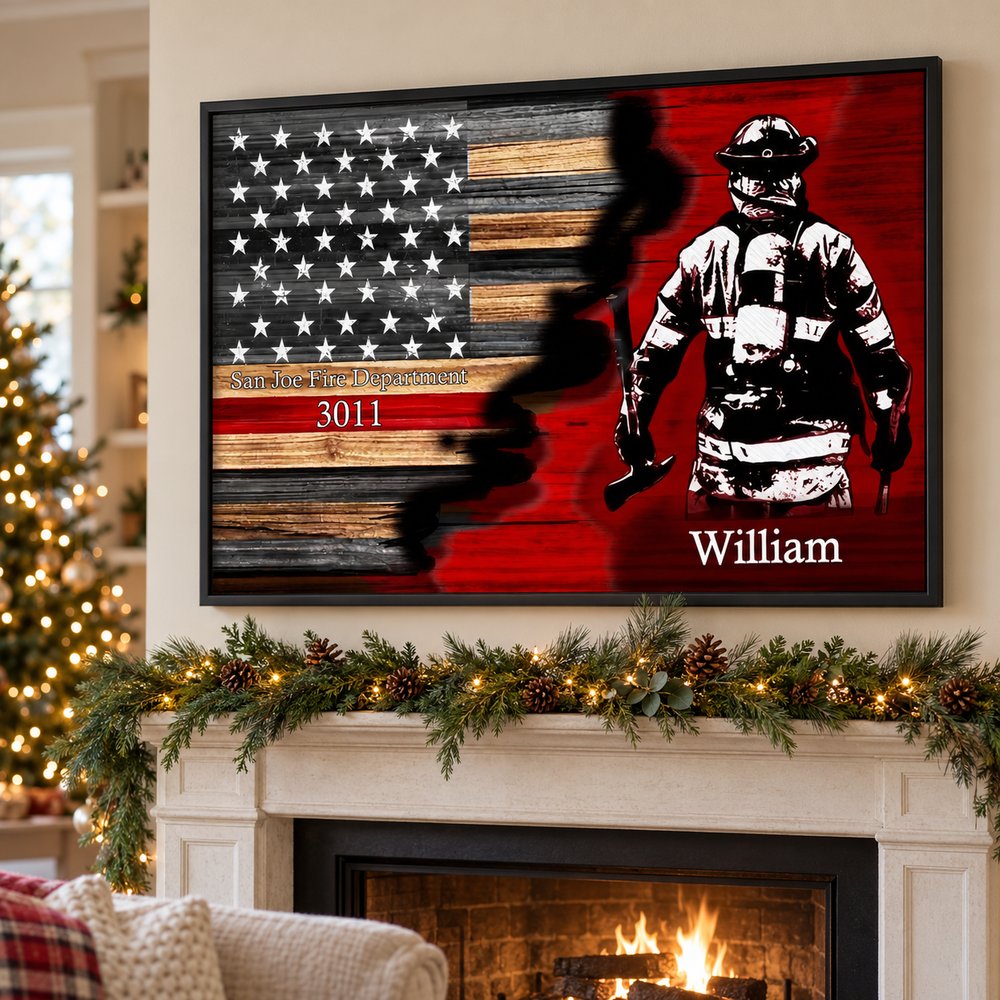 Personalized Firefighter Thin Red Line poster hanging above a holiday mantel with Christmas decor