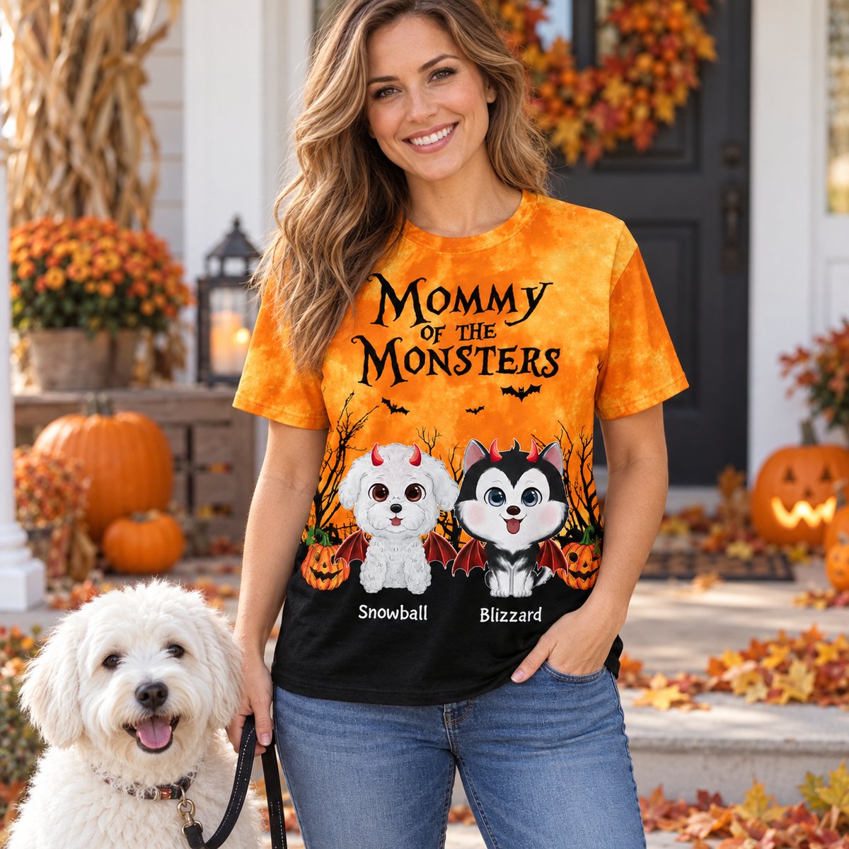Woman wearing personalized Mommy Of The Monsters Halloween dog t-shirt on a pumpkin-decorated autumn porch