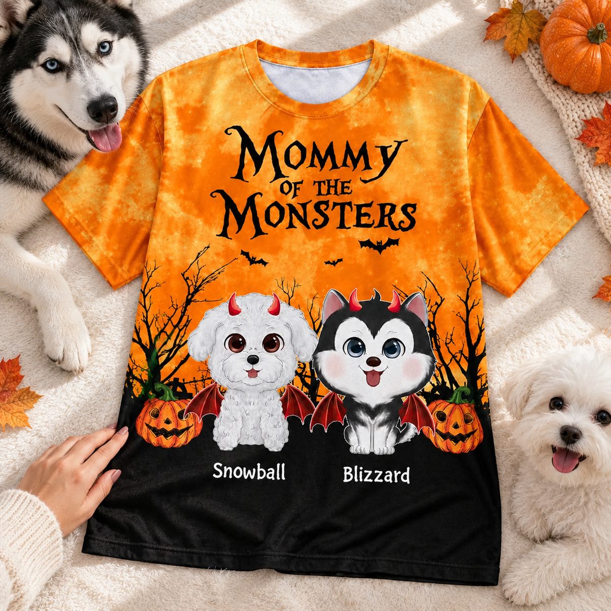 Close-up detail of all-over print fabric texture and custom dog illustrations on Halloween t-shirt