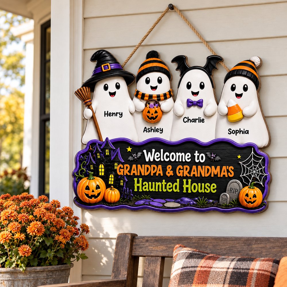 Personalized Halloween ghost wood sign hanging on a cozy autumn front porch