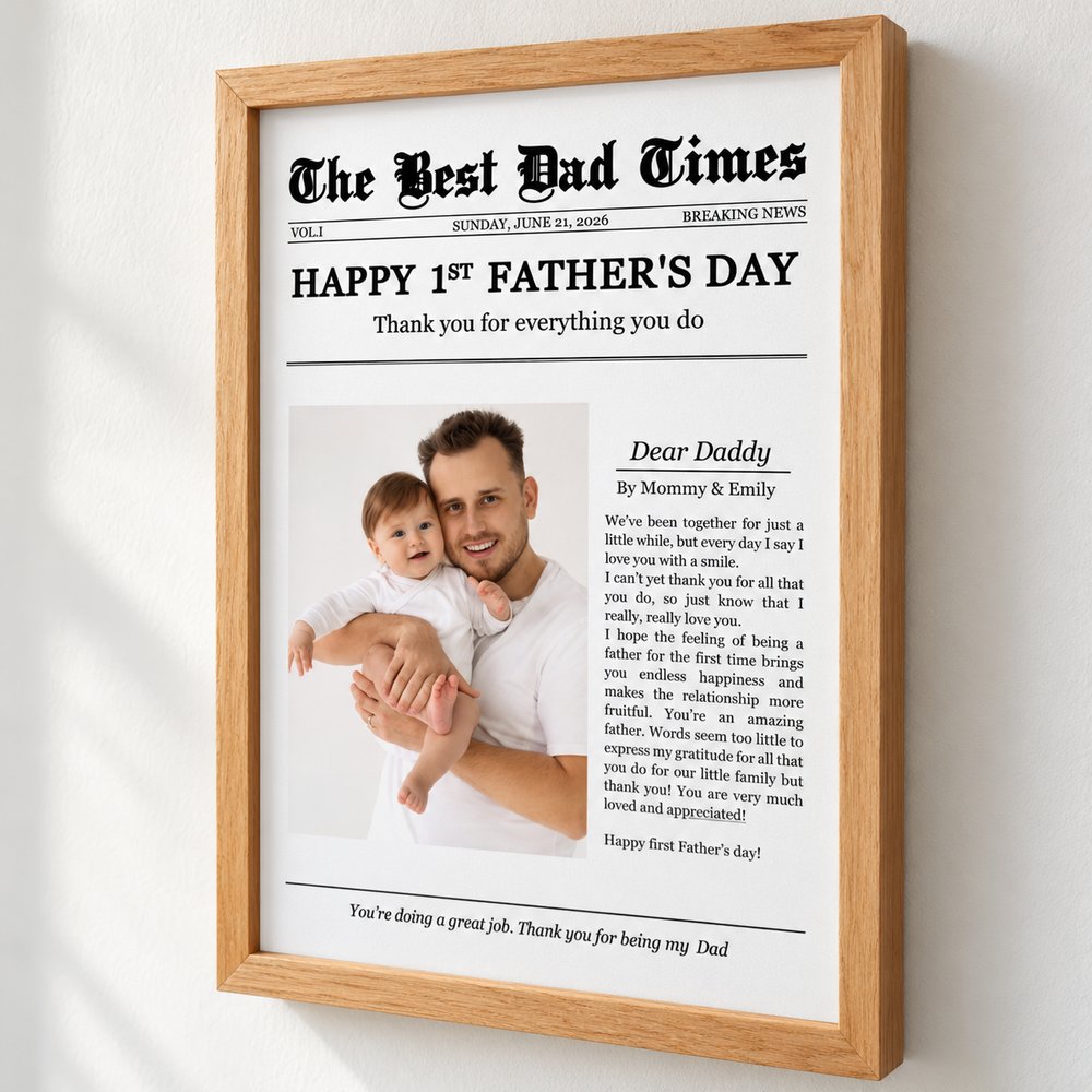 Close up detail of The Best Dad Times personalized framed poster print texture and wood frame