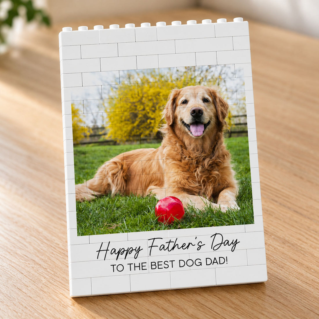 Close-up detail of UV print and interlocking seams on personalized Dog Dad building brick block