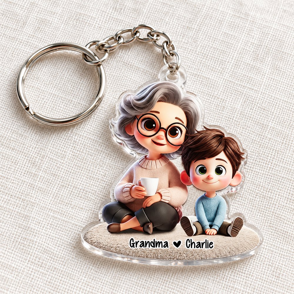 Close-up detail of the 3mm clear acrylic edge and vibrant print on the Grandma keychain