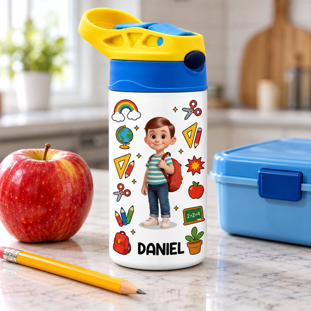 Personalized kids insulated water bottle next to apple and lunchbox showing 12oz size scale