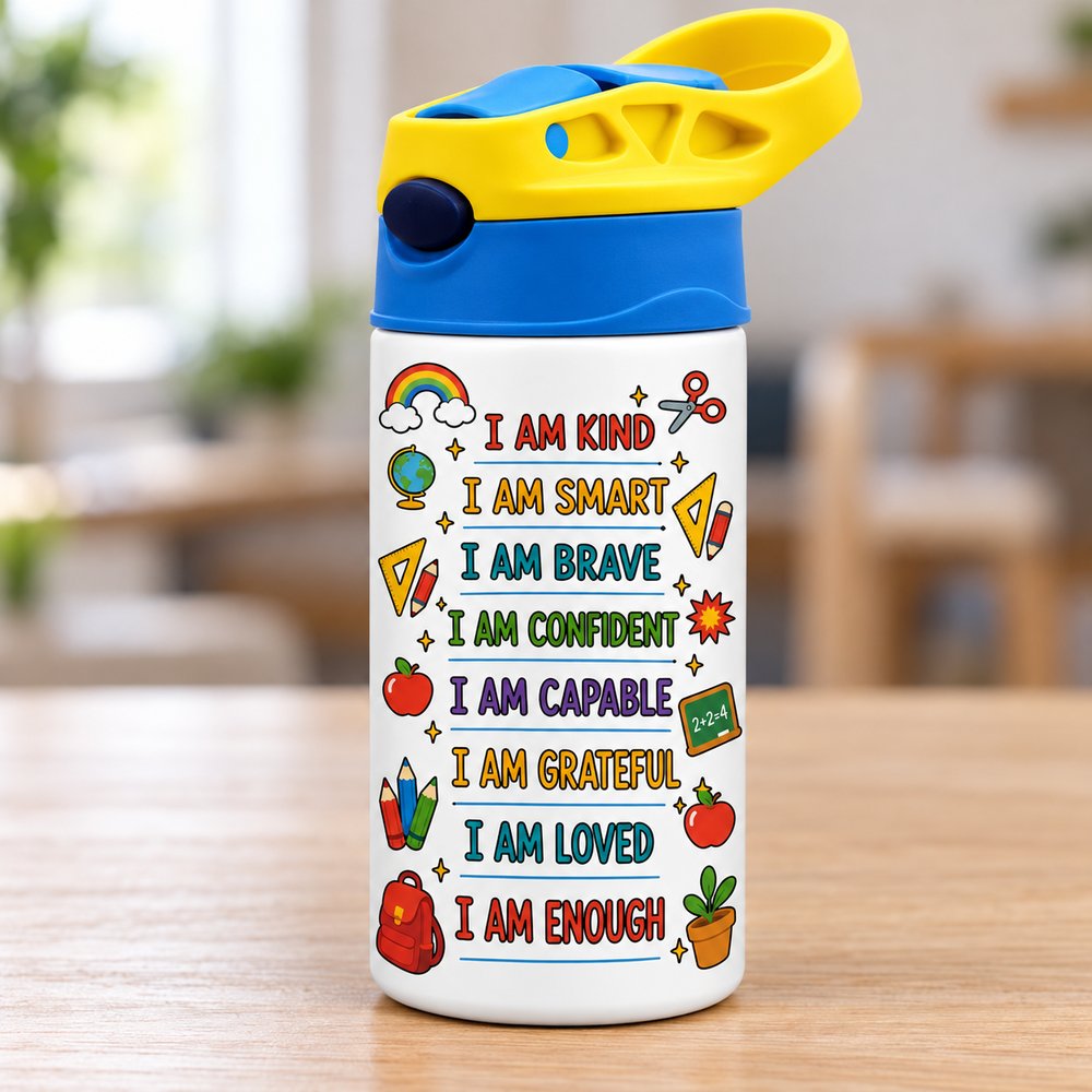 Close-up of affirmation text and school icons printed on personalized kids insulated water bottle