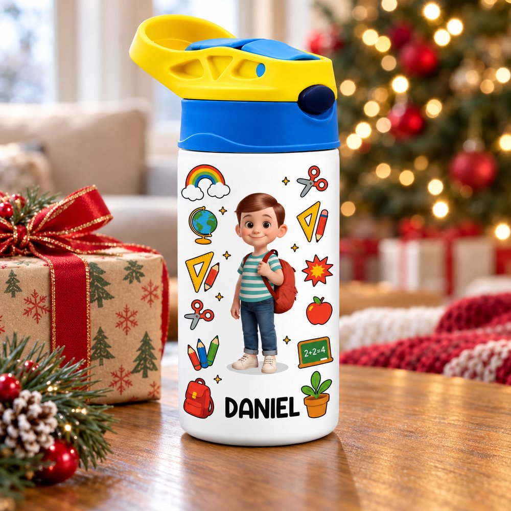 Personalized back to school kids water bottle displayed in a bright holiday Christmas morning setting