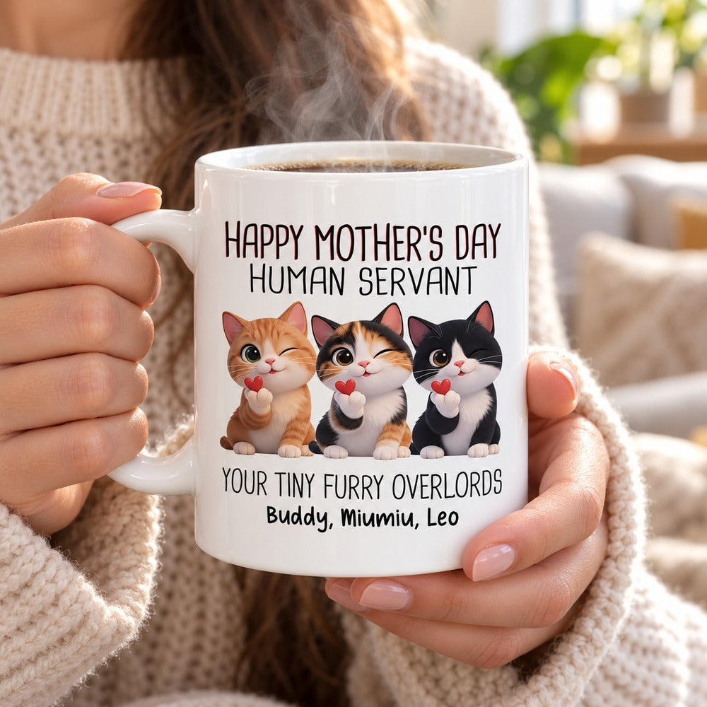 Cat mom holding personalized Happy Mothers Day Human Servant cat mug with steaming coffee