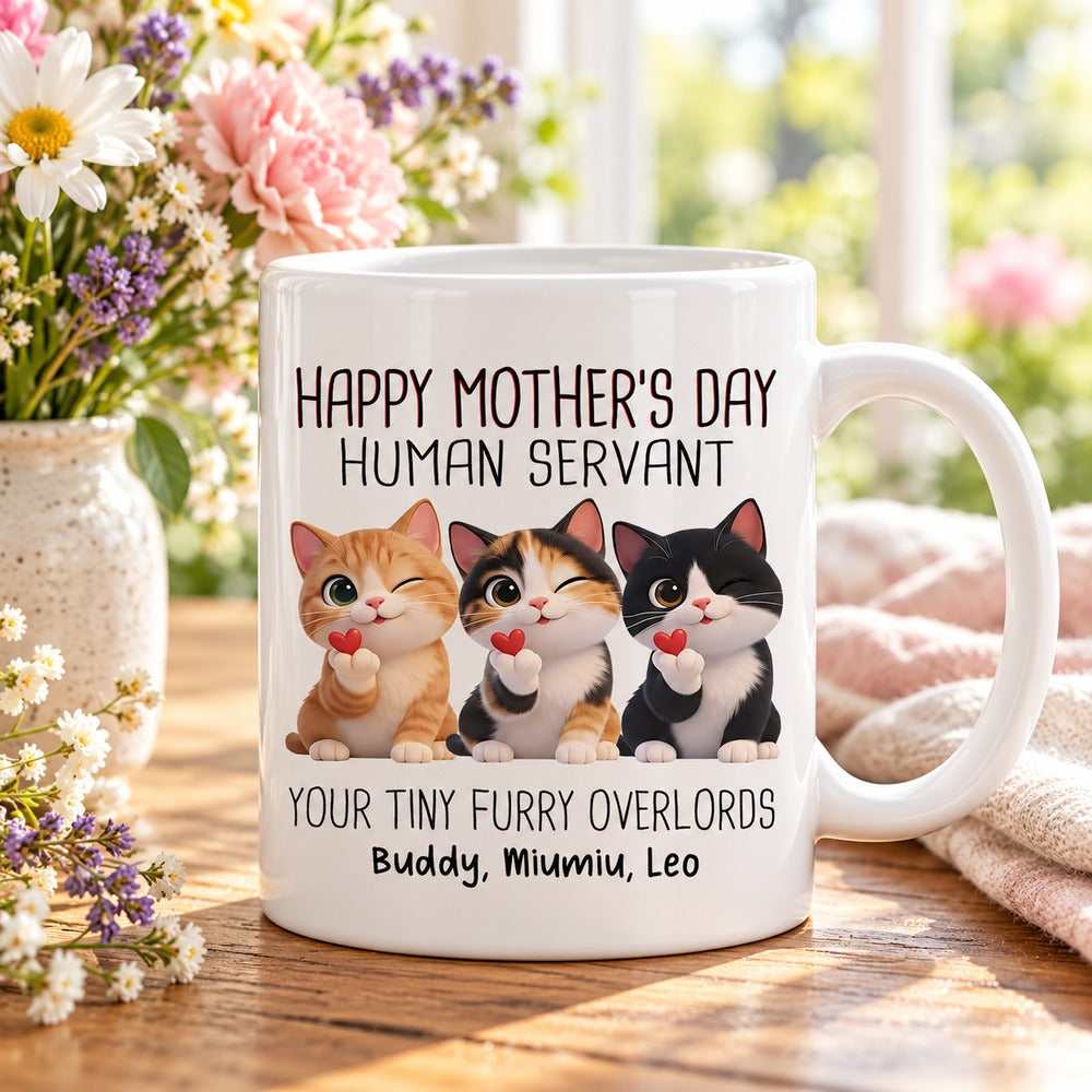 Personalized Human Servant cat mug on wooden table with spring flowers for Mothers Day