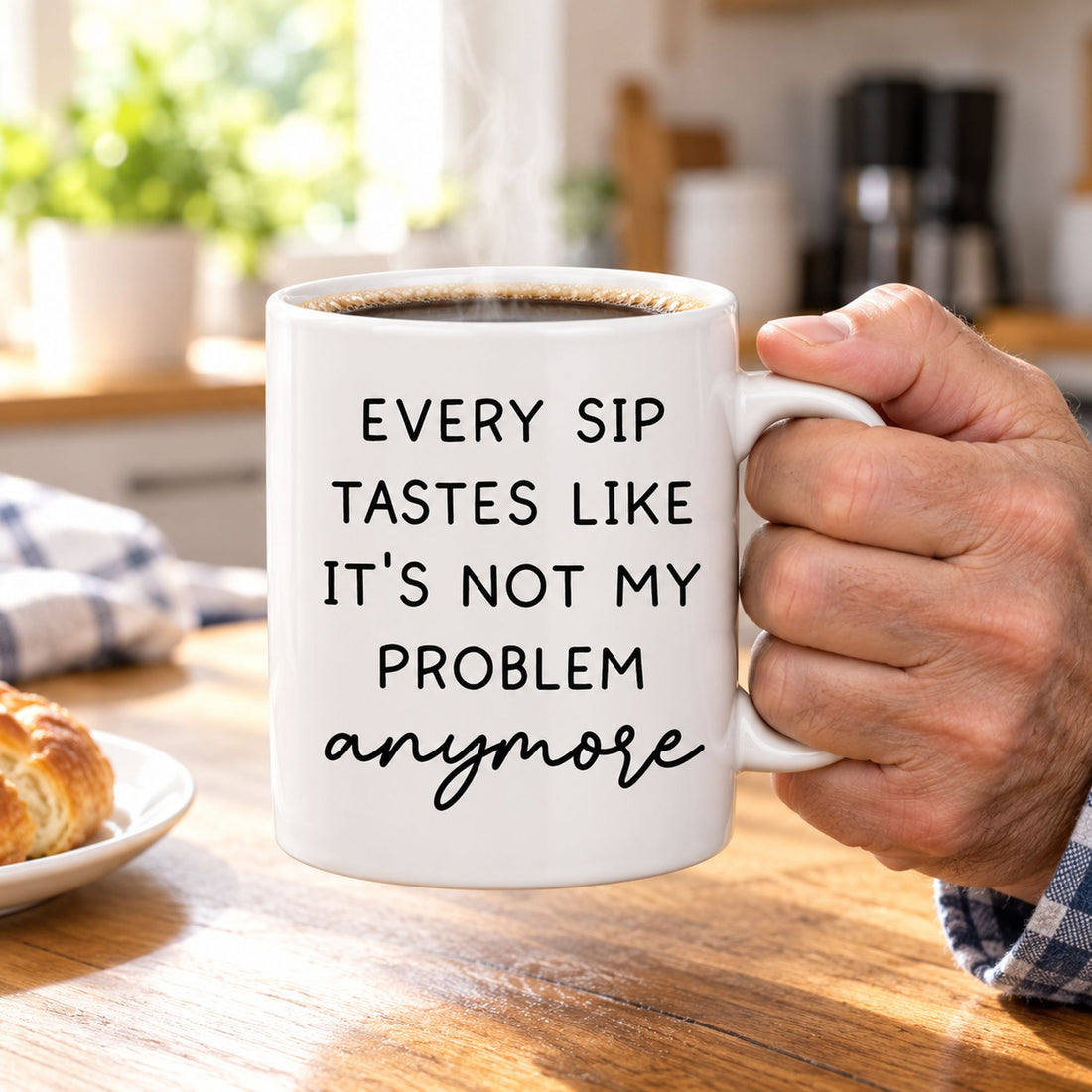 Funny retirement coffee mug held over a bright morning kitchen table with fresh coffee