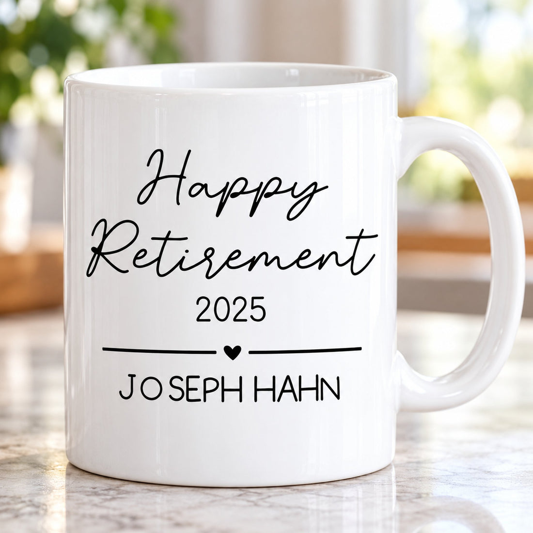 Close up detail of personalized Happy Retirement 2025 ceramic mug print and glossy finish