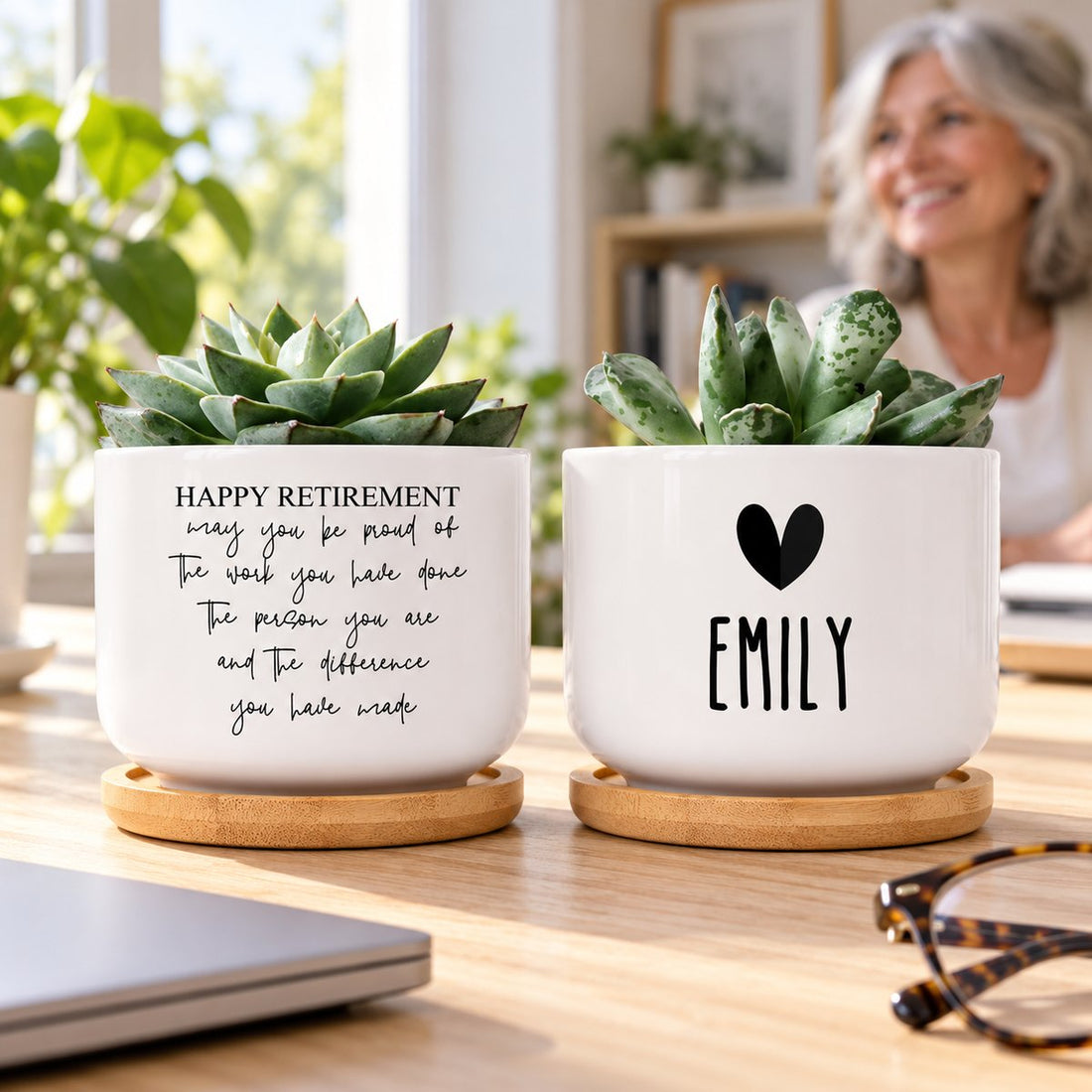Custom Happy Retirement ceramic plant pot with succulent on a bright desk
