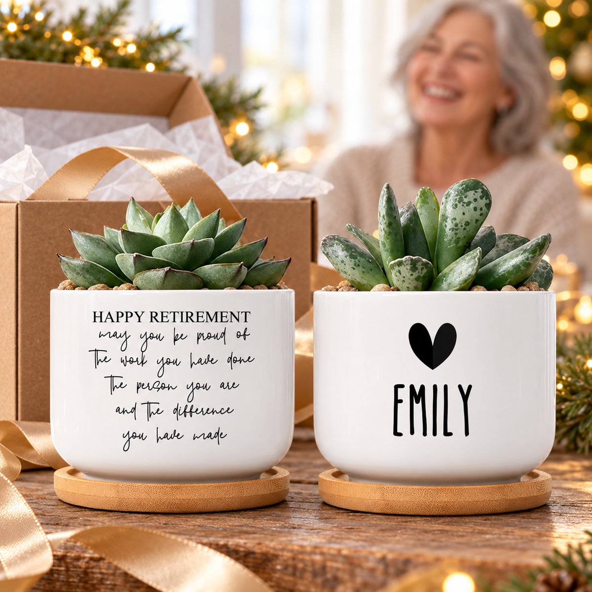 Personalized retirement plant pot front and back view next to a gift box