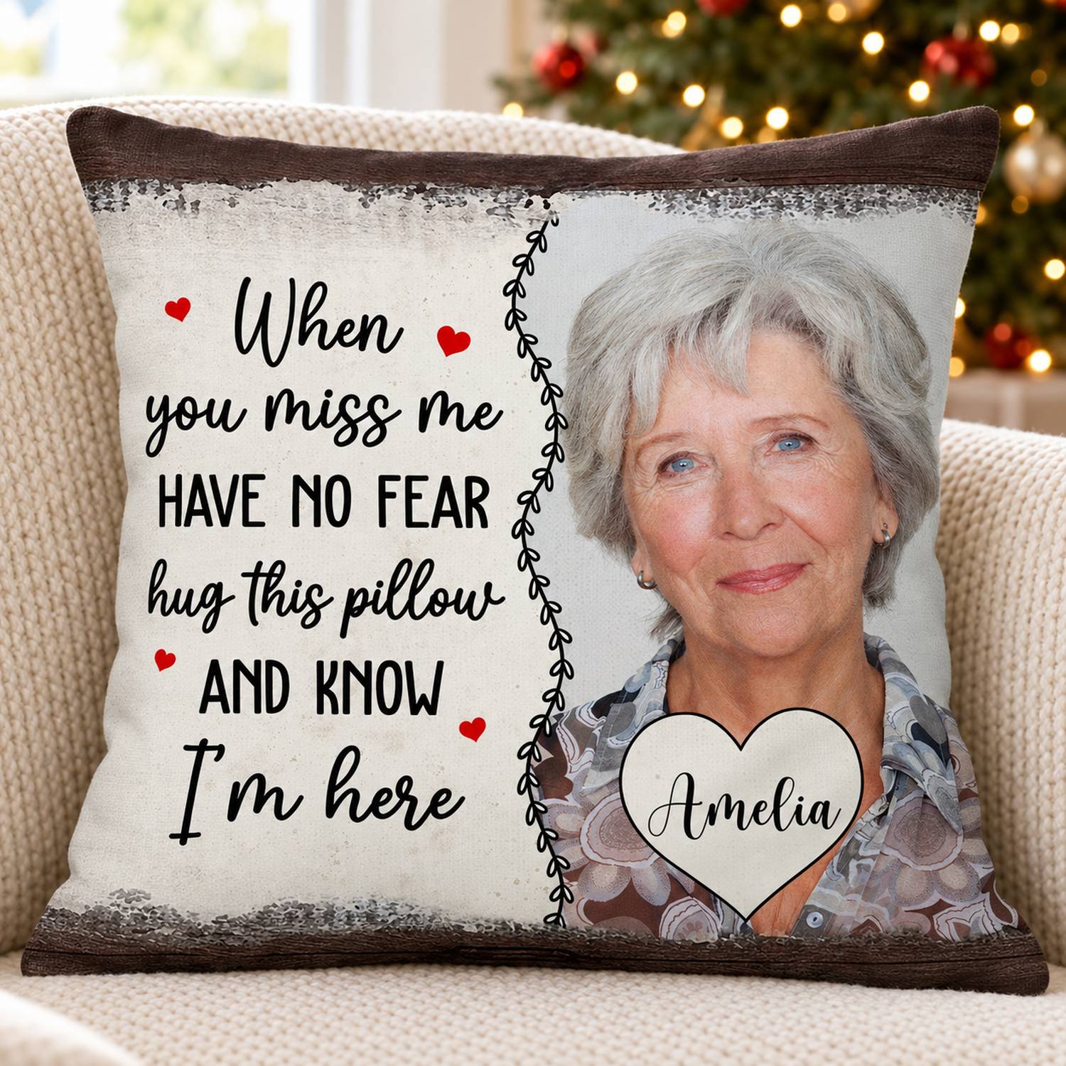Custom photo memorial pillow with Amelia portrait on armchair near Christmas tree