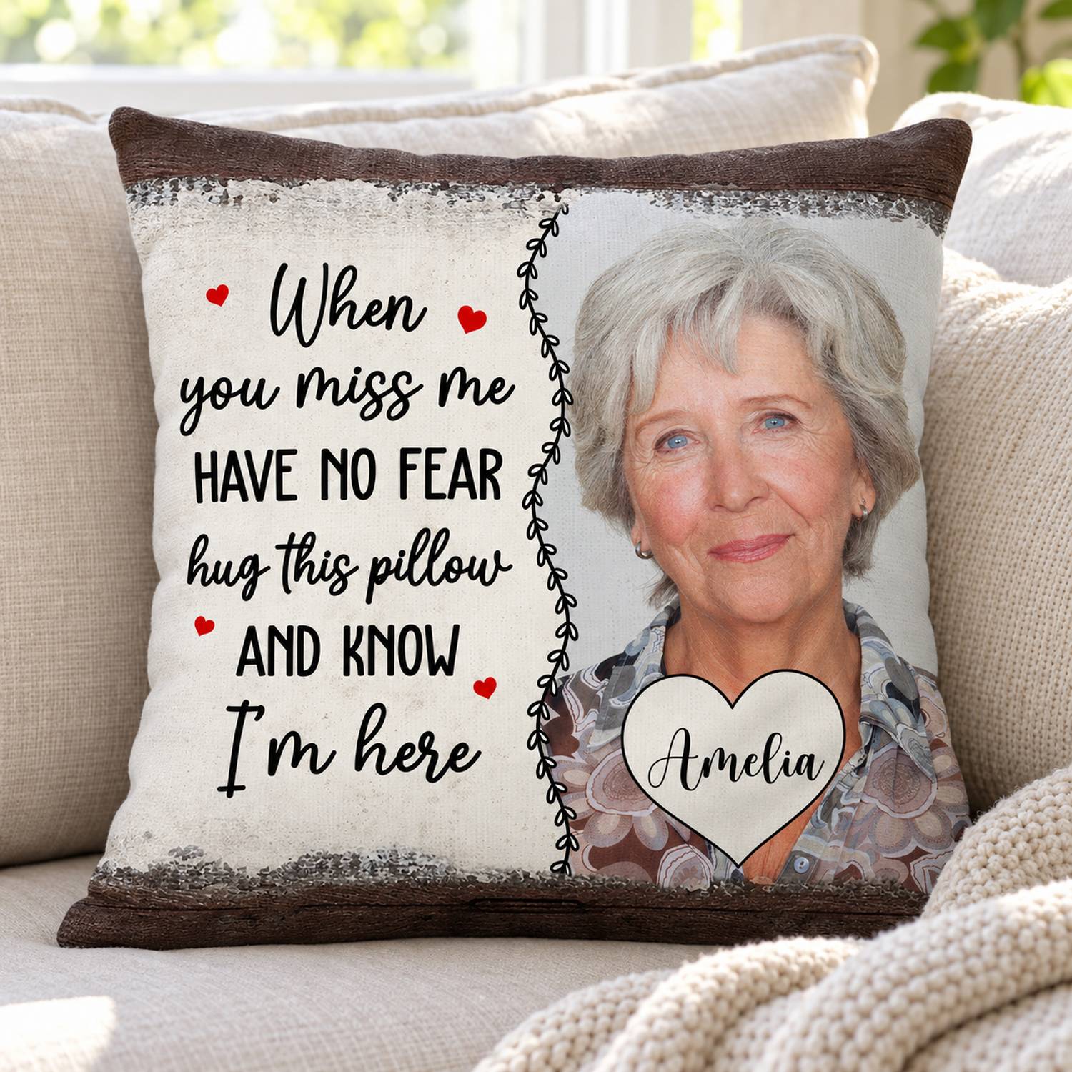 Personalized Have No Fear Hug This Pillow displayed on a bright living room sofa