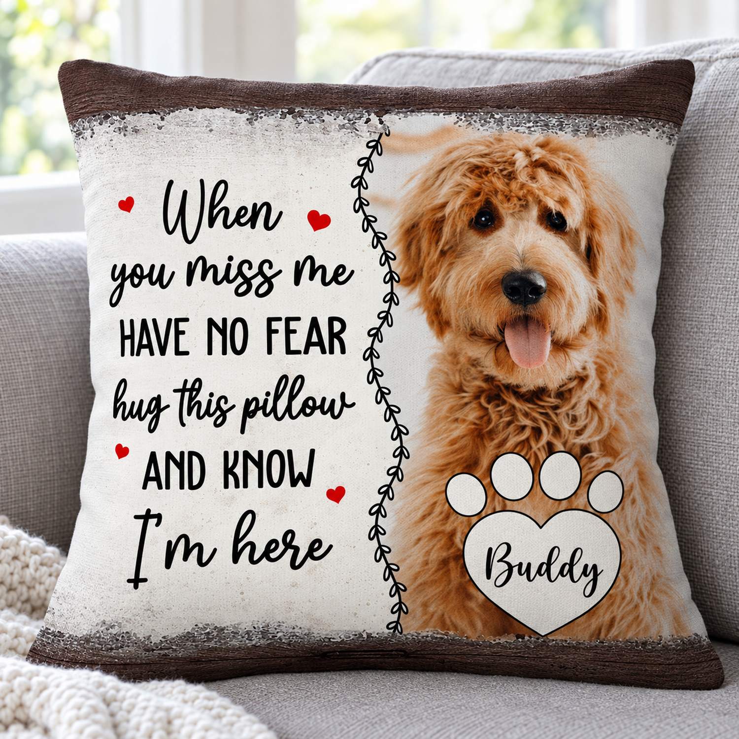 Close up detail of fabric texture and print on custom memorial throw pillow