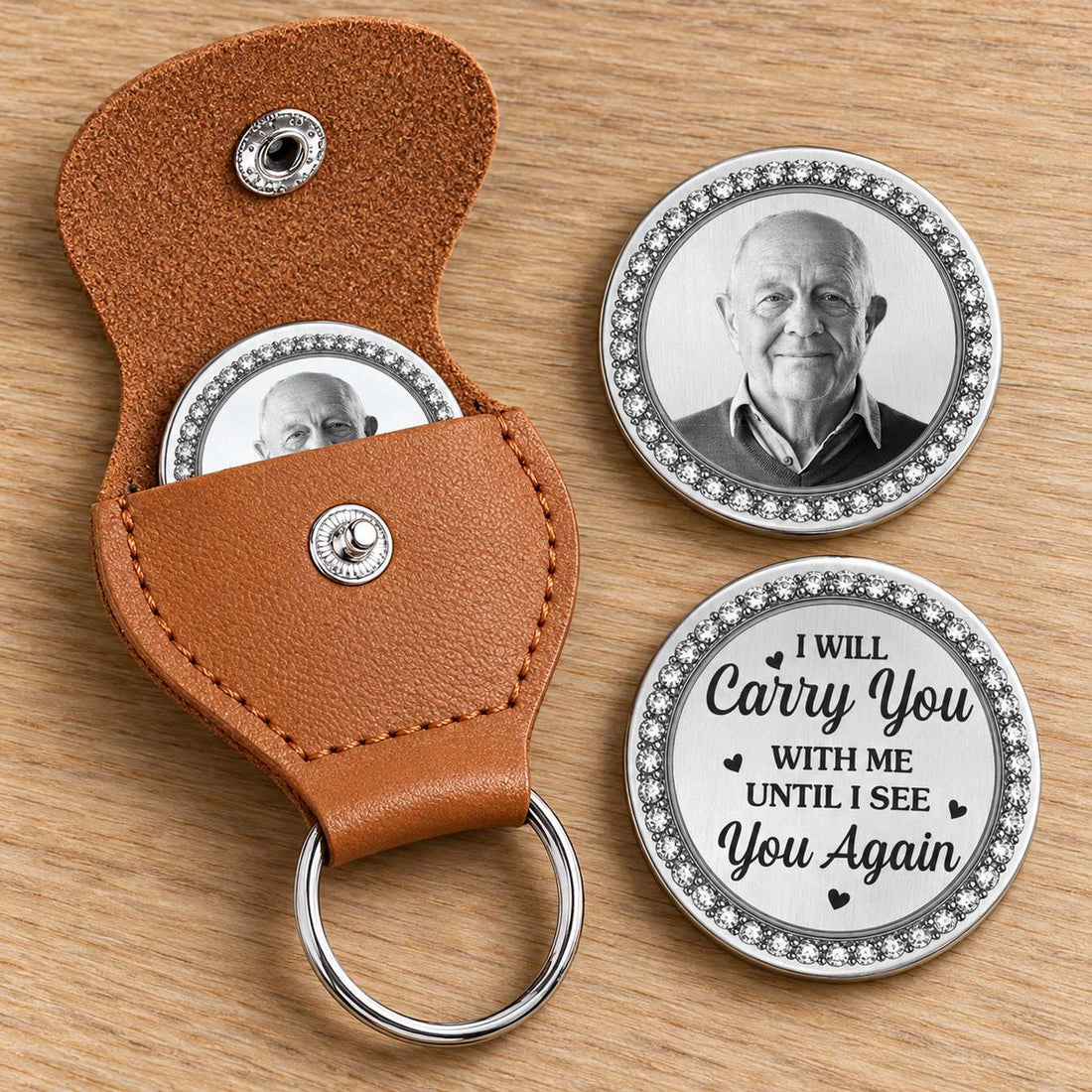 Macro closeup of leather pocket hug stitching and double-sided memorial stainless steel coin