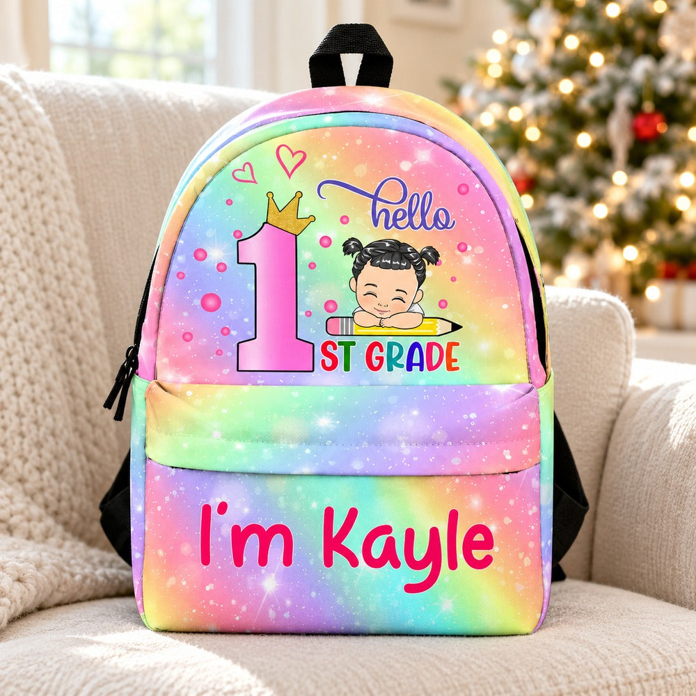 Personalized Hello School kid backpack on a cozy armchair with soft Christmas tree lights behind