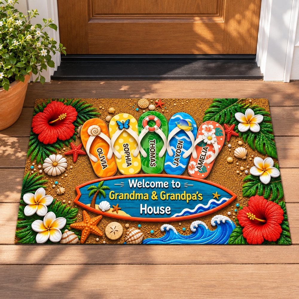 Personalized Grandma and Grandpa summer flip-flop doormat at a bright front porch entryway