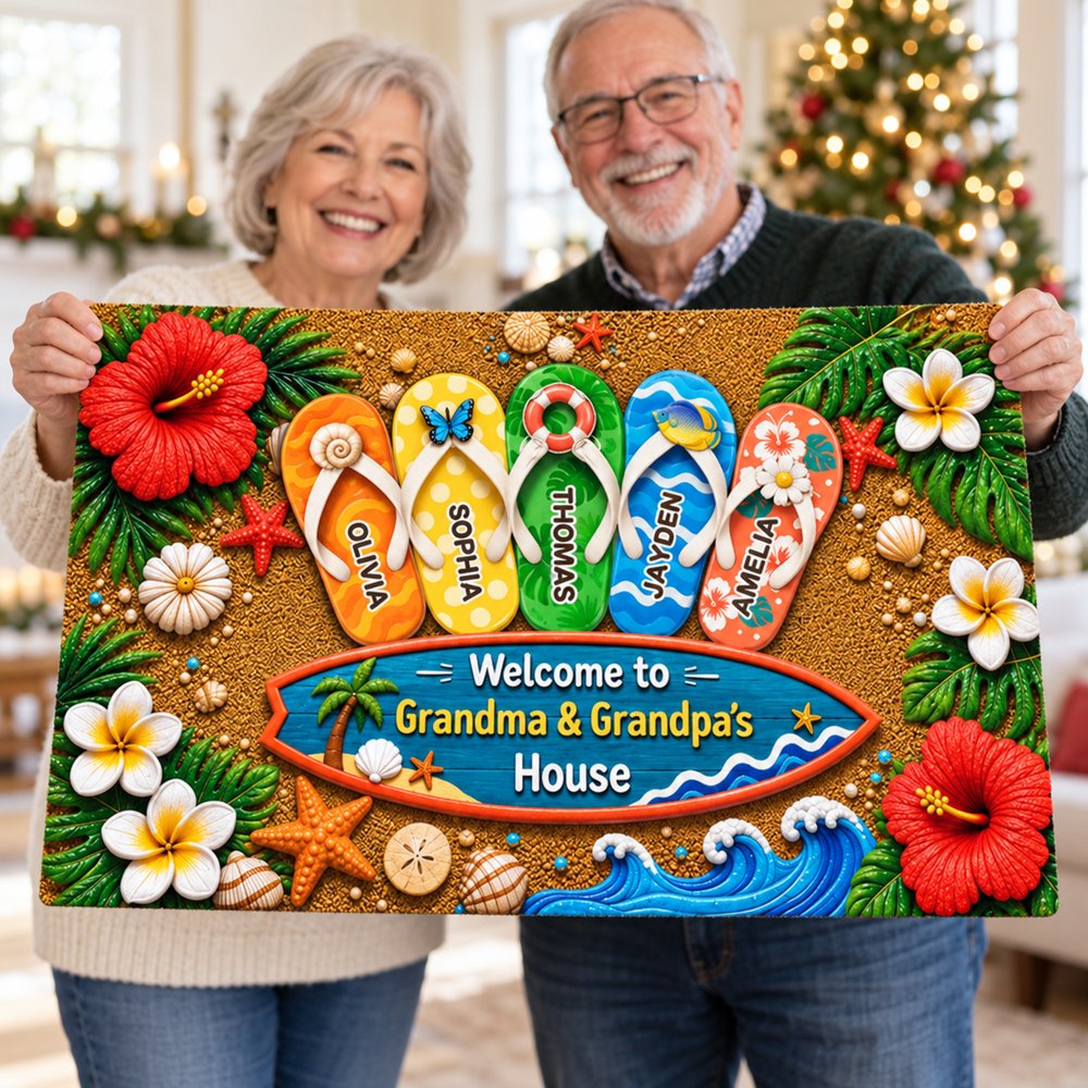 Grandma and Grandpa happily holding their personalized summer beach welcome doormat