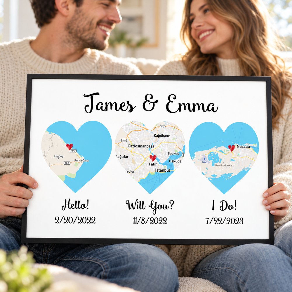 Happy couple holding their personalized Hello Will You I Do map canvas print