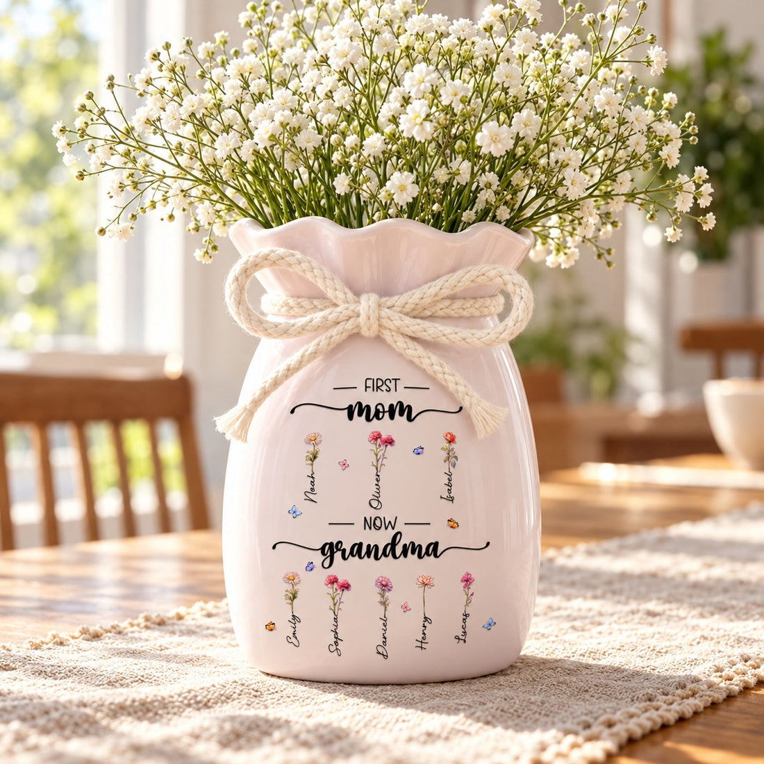 Pastel pink personalized grandma flower vase displaying white flowers on a bright dining table