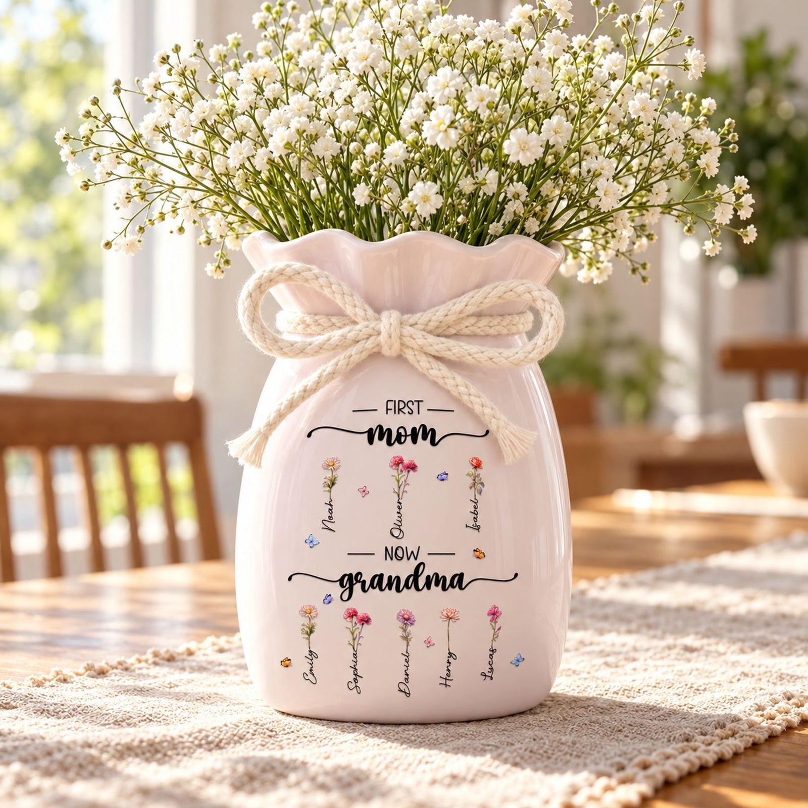 Pastel pink personalized grandma flower vase displaying white flowers on a bright dining table