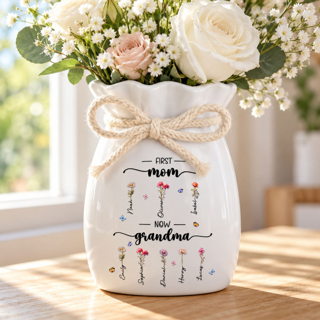 Close-up detail of braided rope bow and birth flower name print on ceramic vase