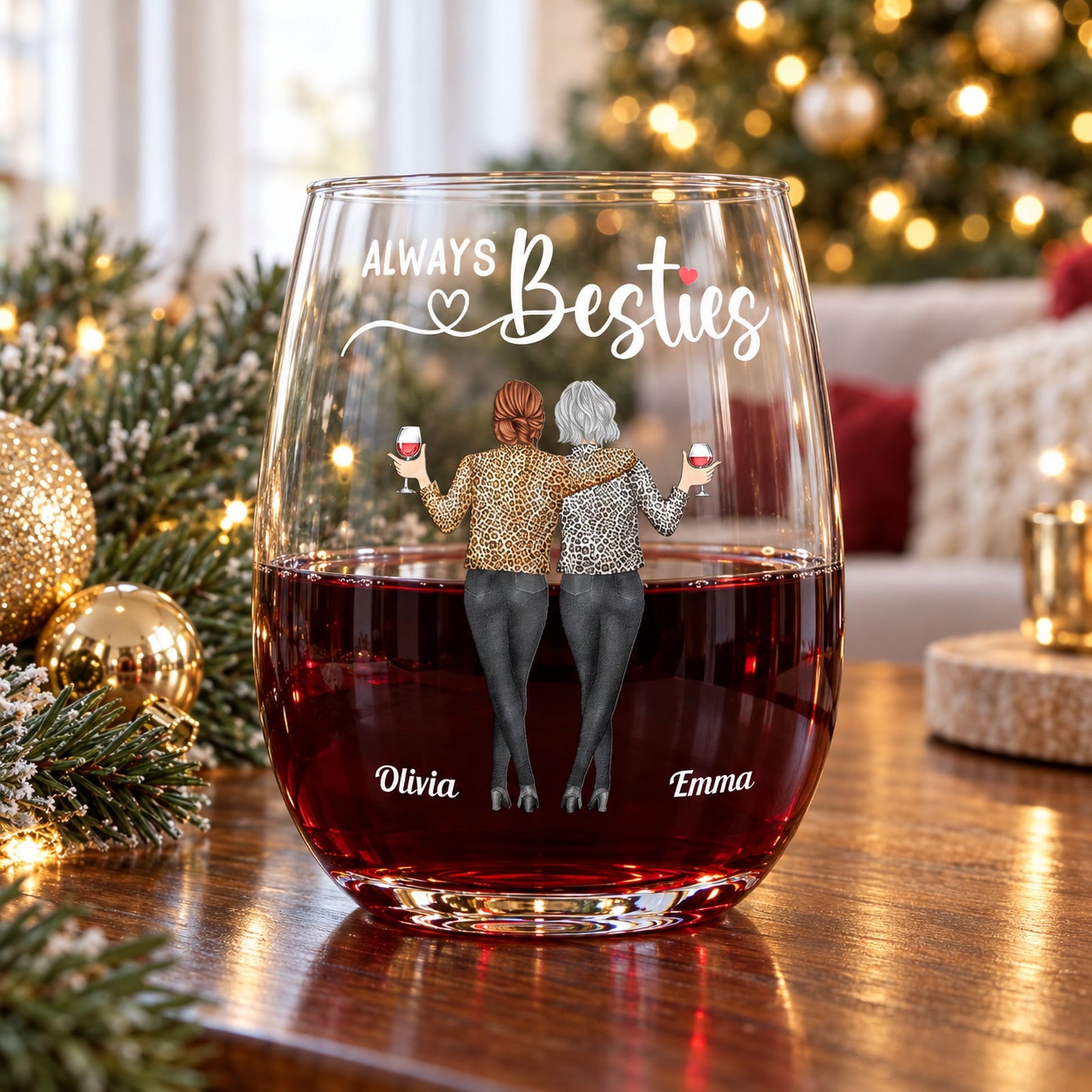 Personalized besties stemless wine glass with red wine on a festive holiday table near a Christmas tree