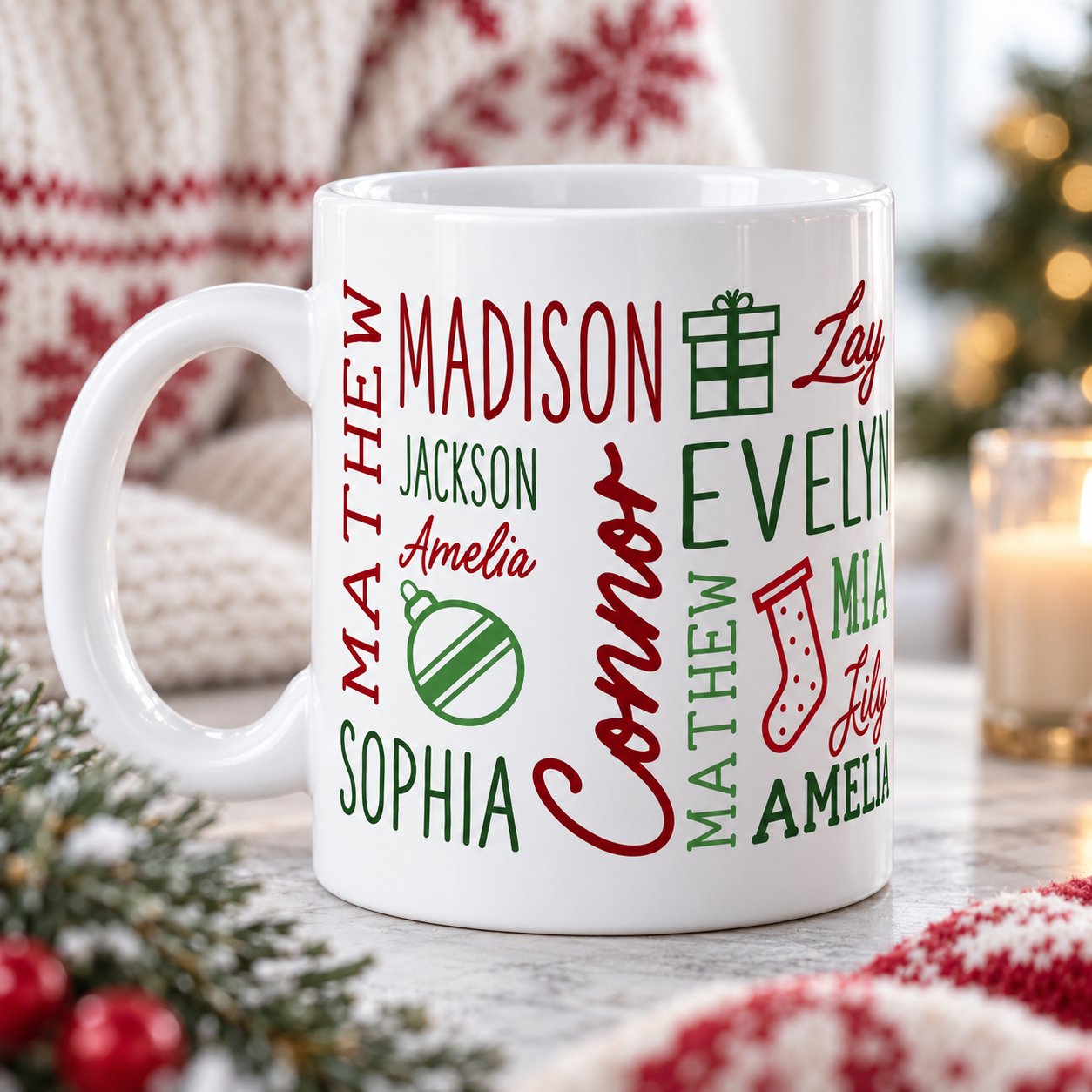 Close-up detail of glossy ceramic mug showing crisp red and green repeating name print and Christmas icons