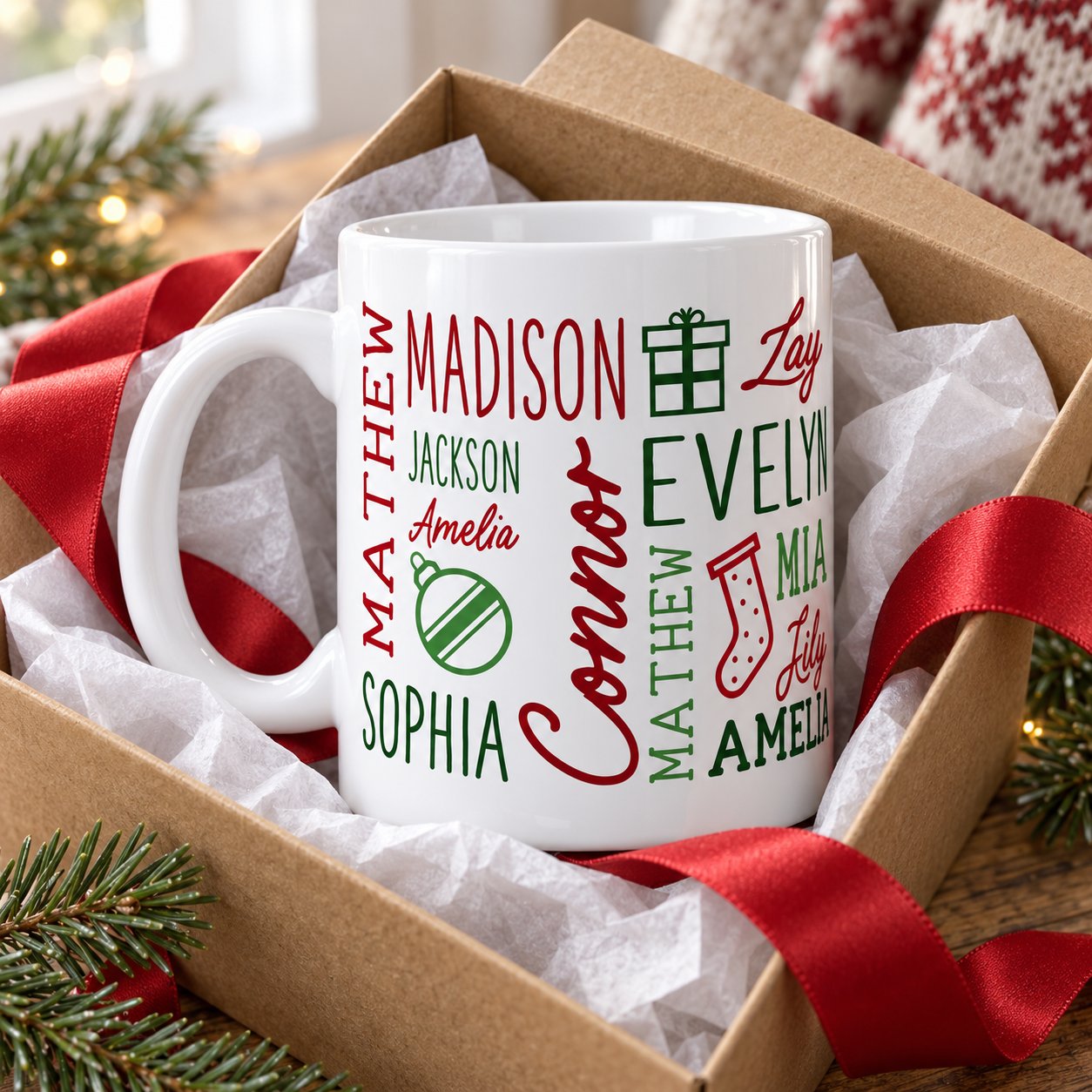 Custom holiday repeating name mug in an open gift box with red ribbon and pine sprigs for Christmas gifting